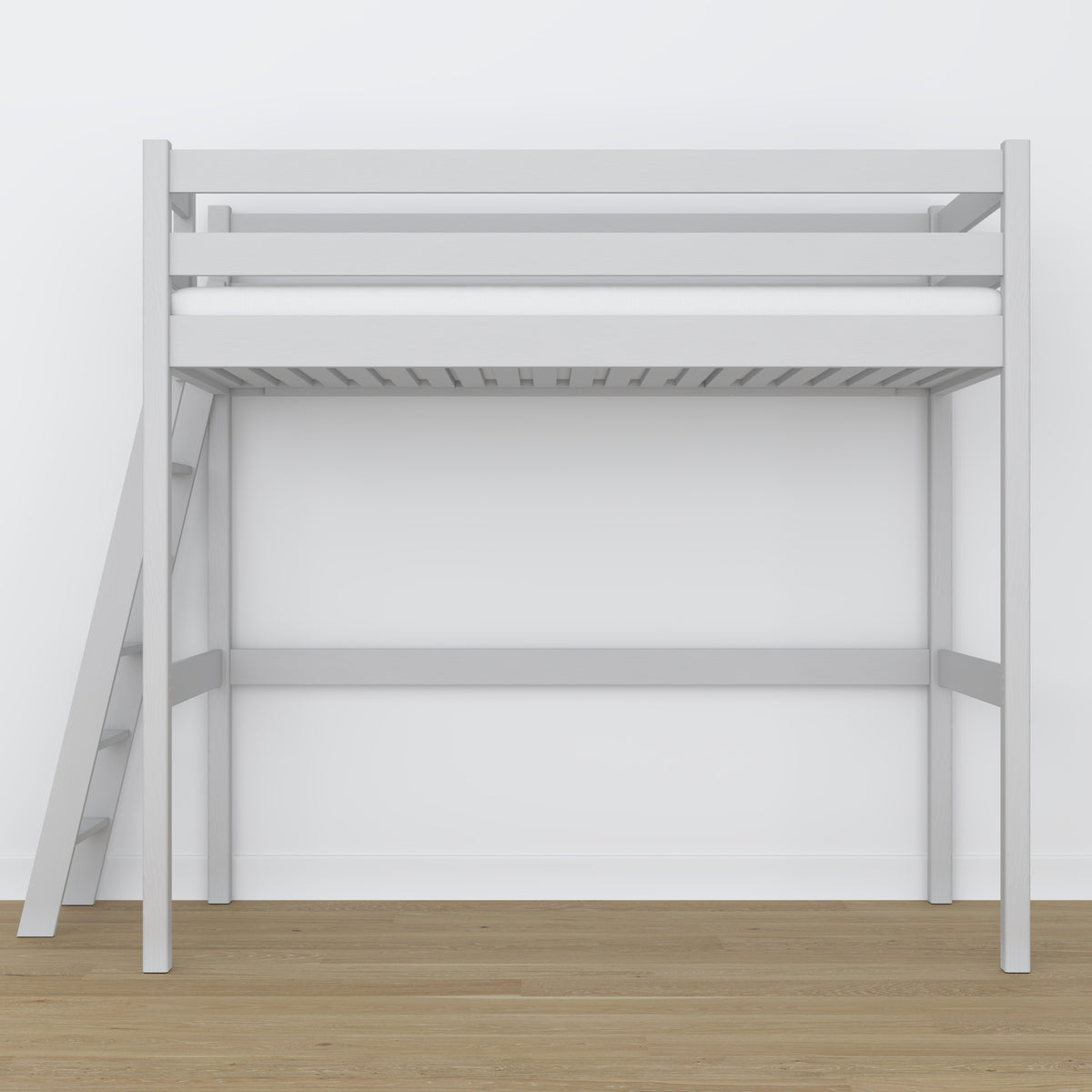 Hochbett Grau – Leiter und Absturzsicherung aus Holz, Nizio Home