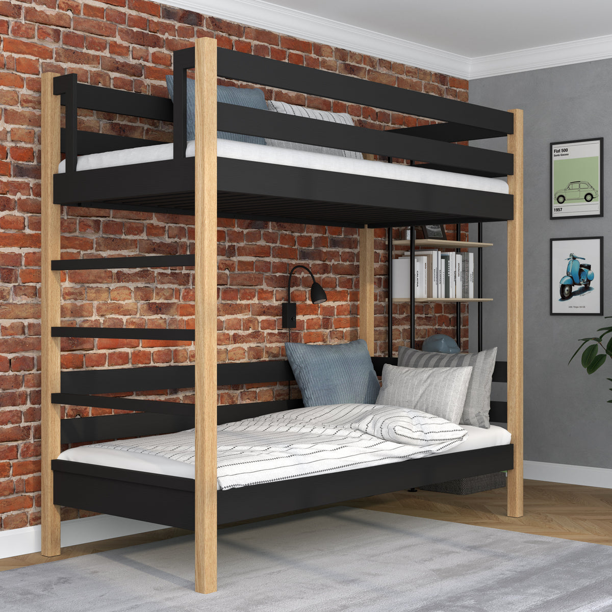 Black and Oak Wooden Bunk Bed – Two Sleeping Areas in One, Safe Construction