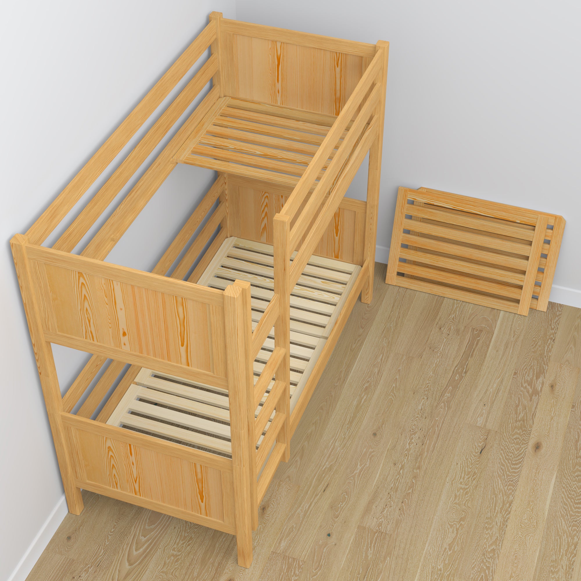 Natural Pine Bunk Bed – Wooden Slatted Frame, Mattress Drawer