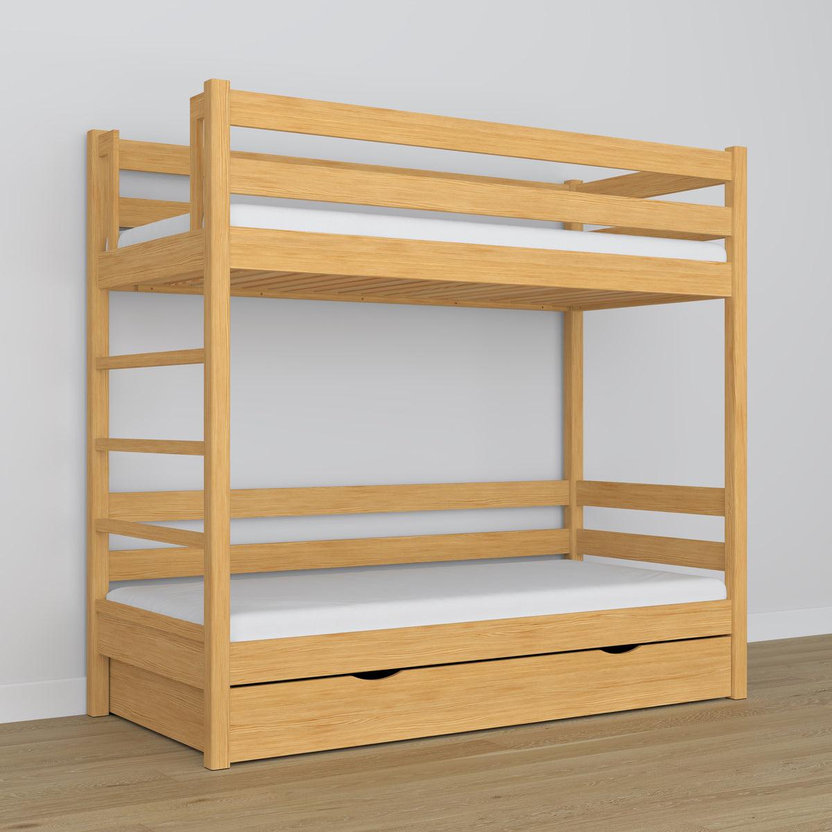 Natural Pine Wooden Bunk Bed with Drawer – Scandinavian Design, Nizio