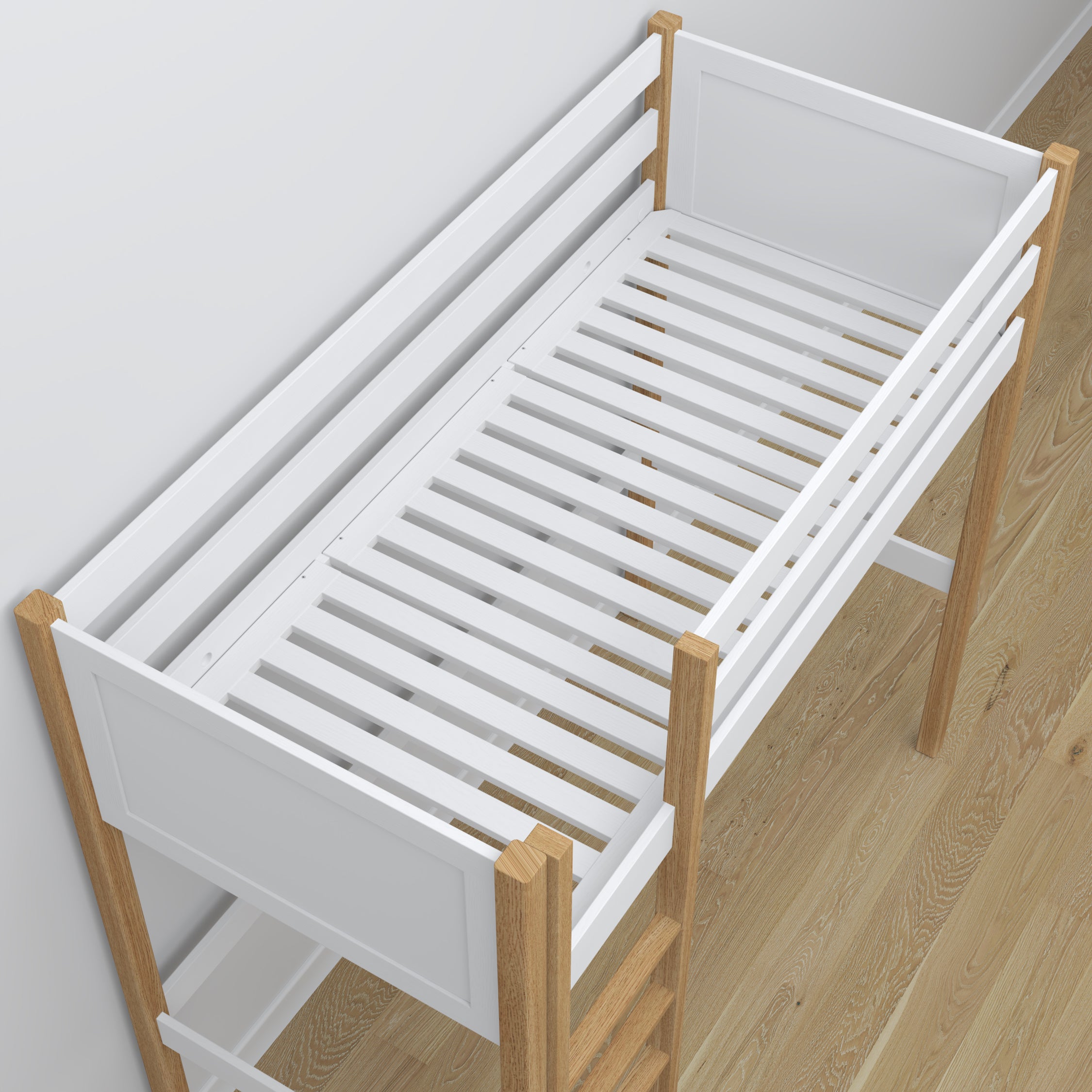 White and Oak Wooden Loft Bed with Desk – Ladder and Joint Details