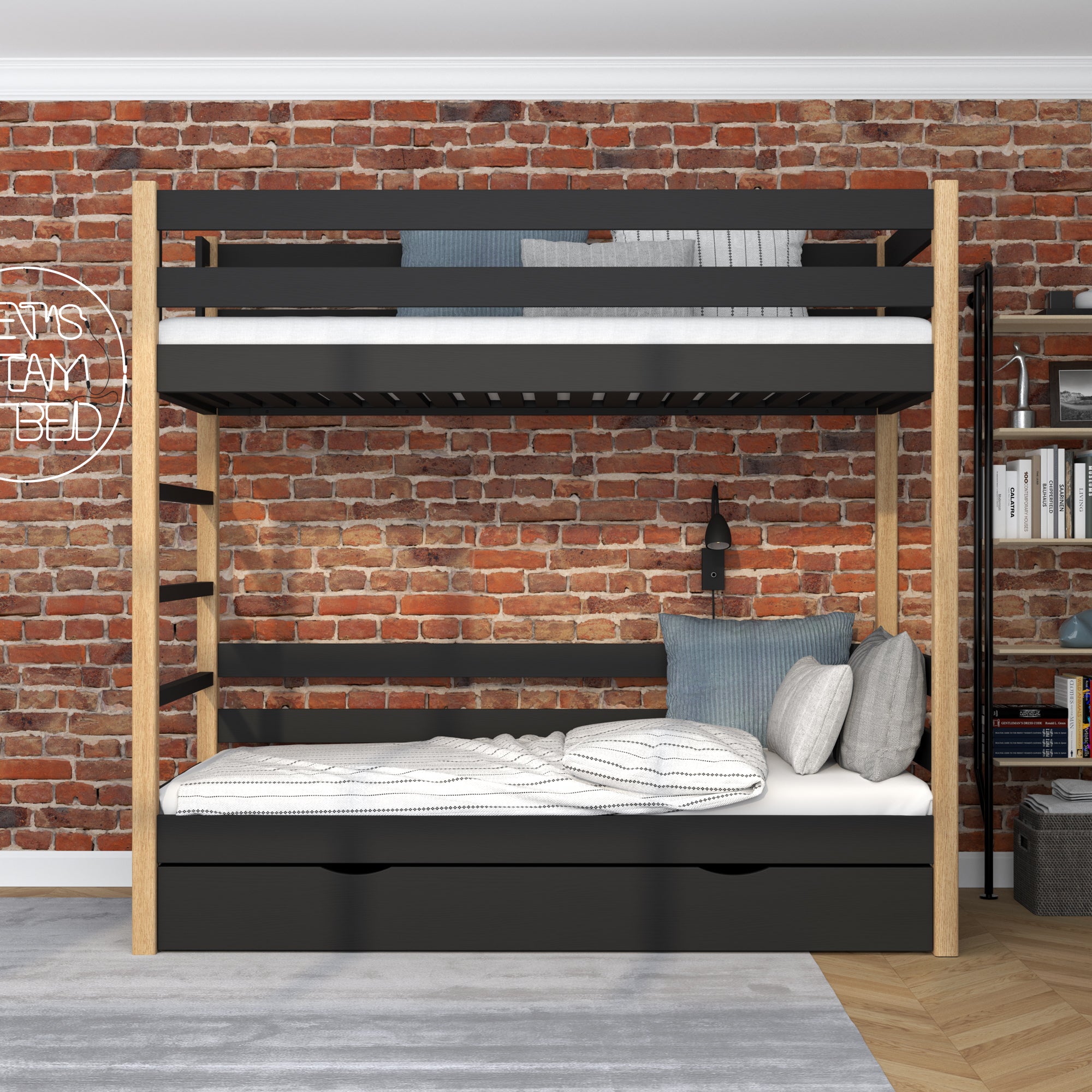 Lit superposé noir-chêne z tiroir – barrière i échelle en bois, Nizio