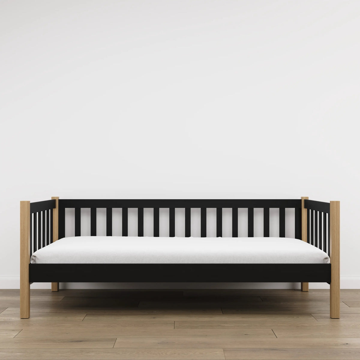 Bettsofa aus Holz Schwarz mit Eiche – Seitenansicht, Form und Proportionen des Möbelstücks