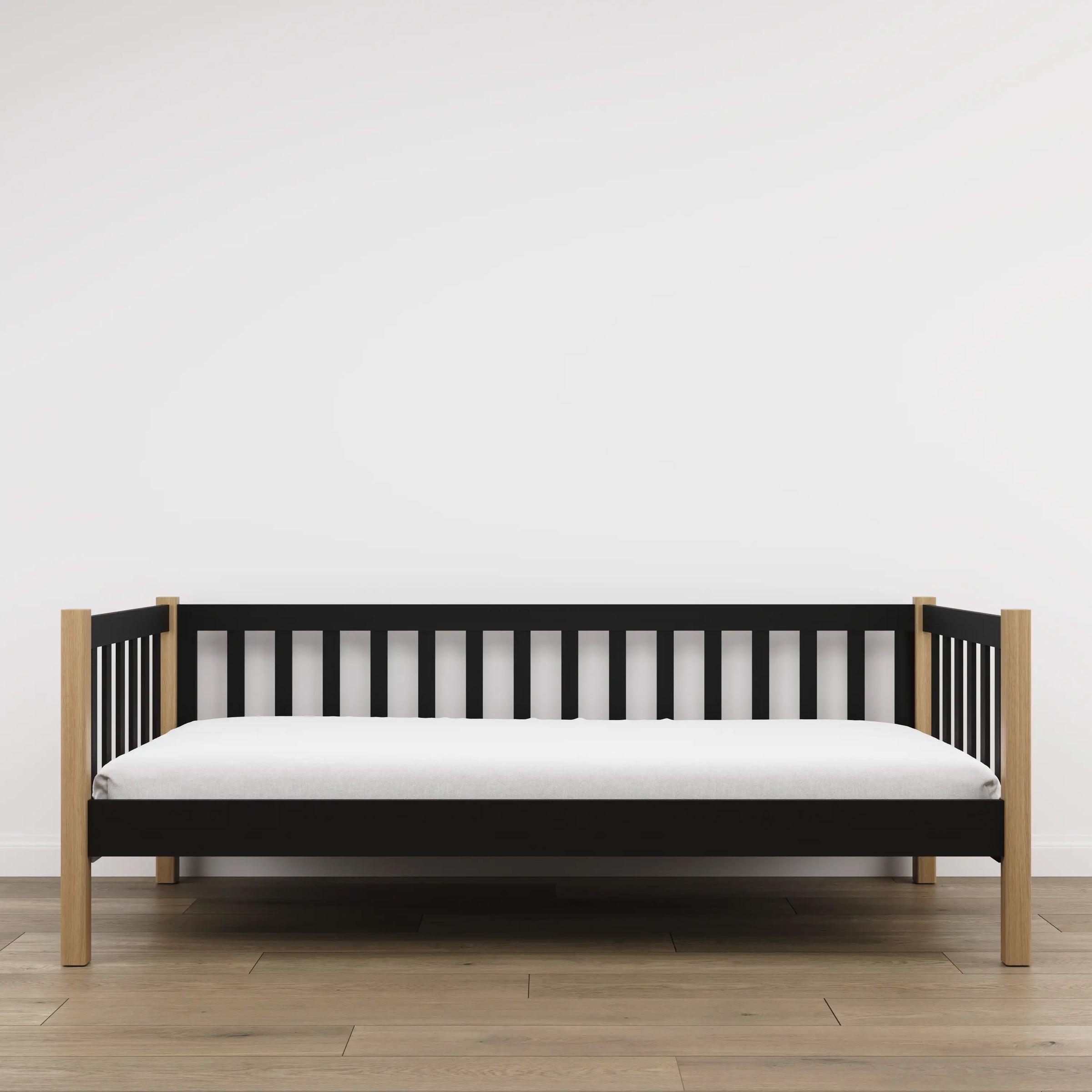 Bettsofa aus Holz Schwarz mit Eiche – Seitenansicht, Form und Proportionen des Möbelstücks