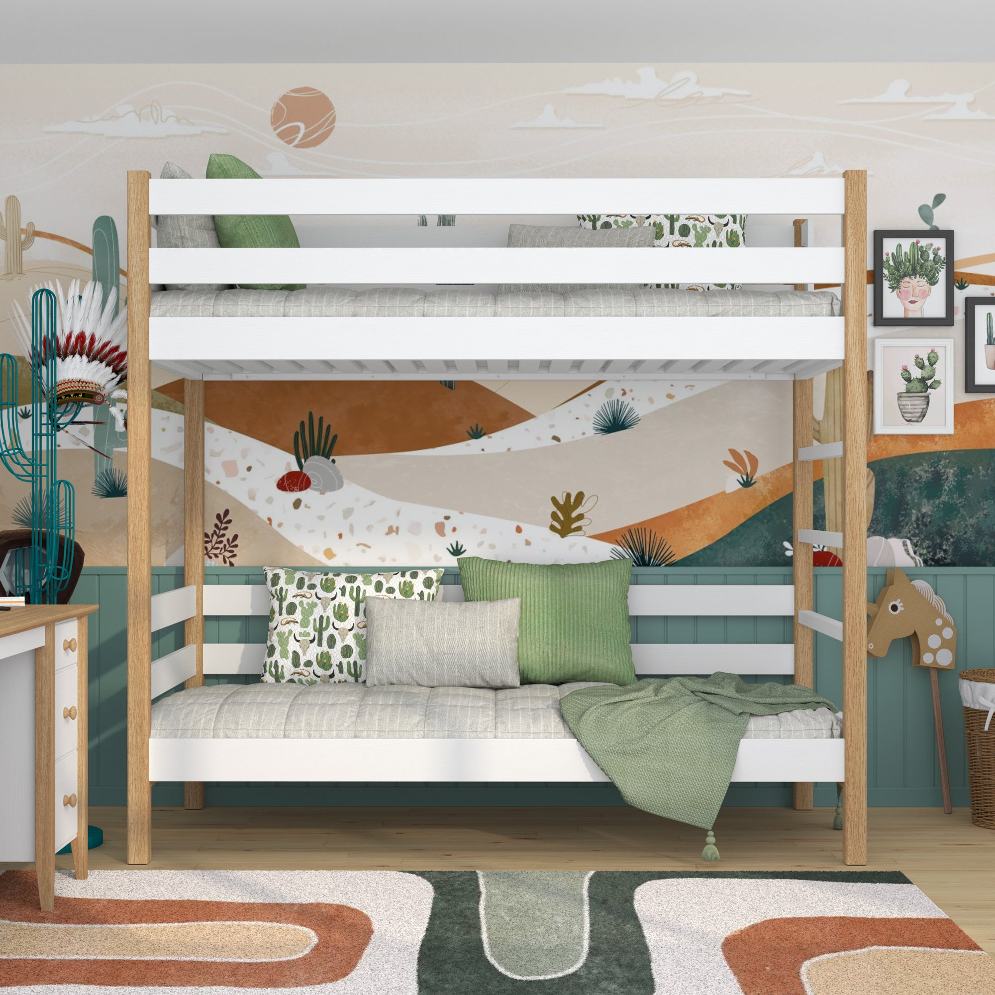 Lit superposé blanc-chêne en bois – vue de côté, Nizio Home