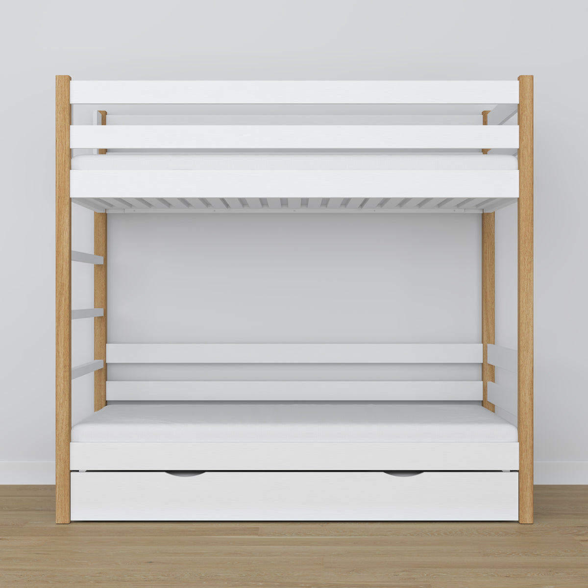 White and Oak Wooden Bunk Bed – Interior of Mattress Drawer, Children’s Room