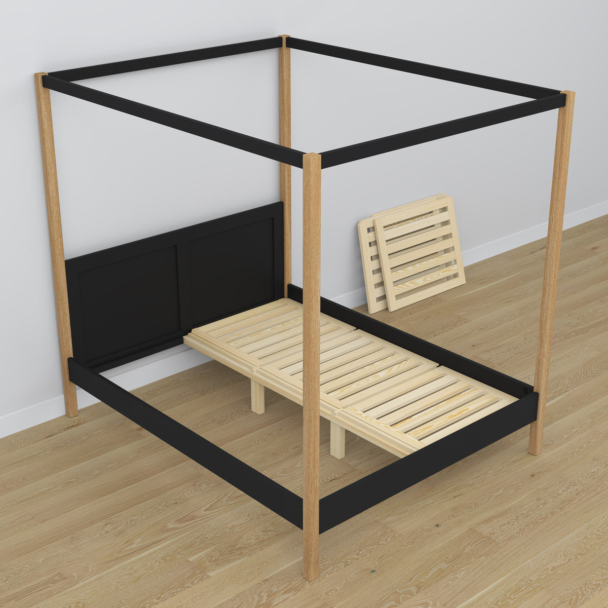 Bett mit Baldachin Schwarz-Eiche aus Holz – Seitenansicht, Scandi-Stil