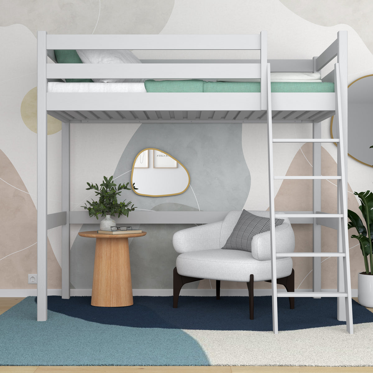 Loft bed grey – wooden ladder and safety rail, Nizio Home