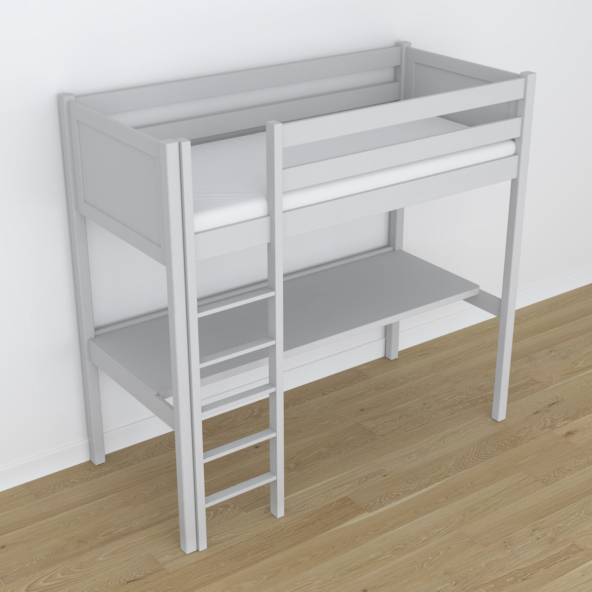 Loft bed grey wooden – top view of the sleeping area, Nizio