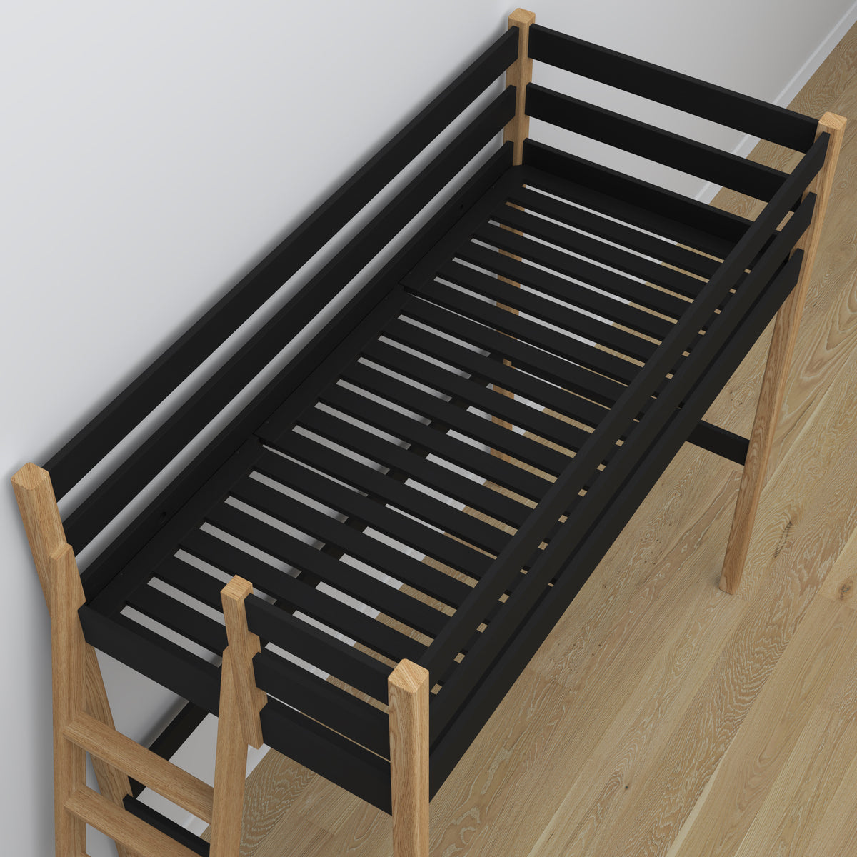 Hochbett aus Holz, Schwarz-Eiche – Details der Verbindungen und Leiter, Nizio Home