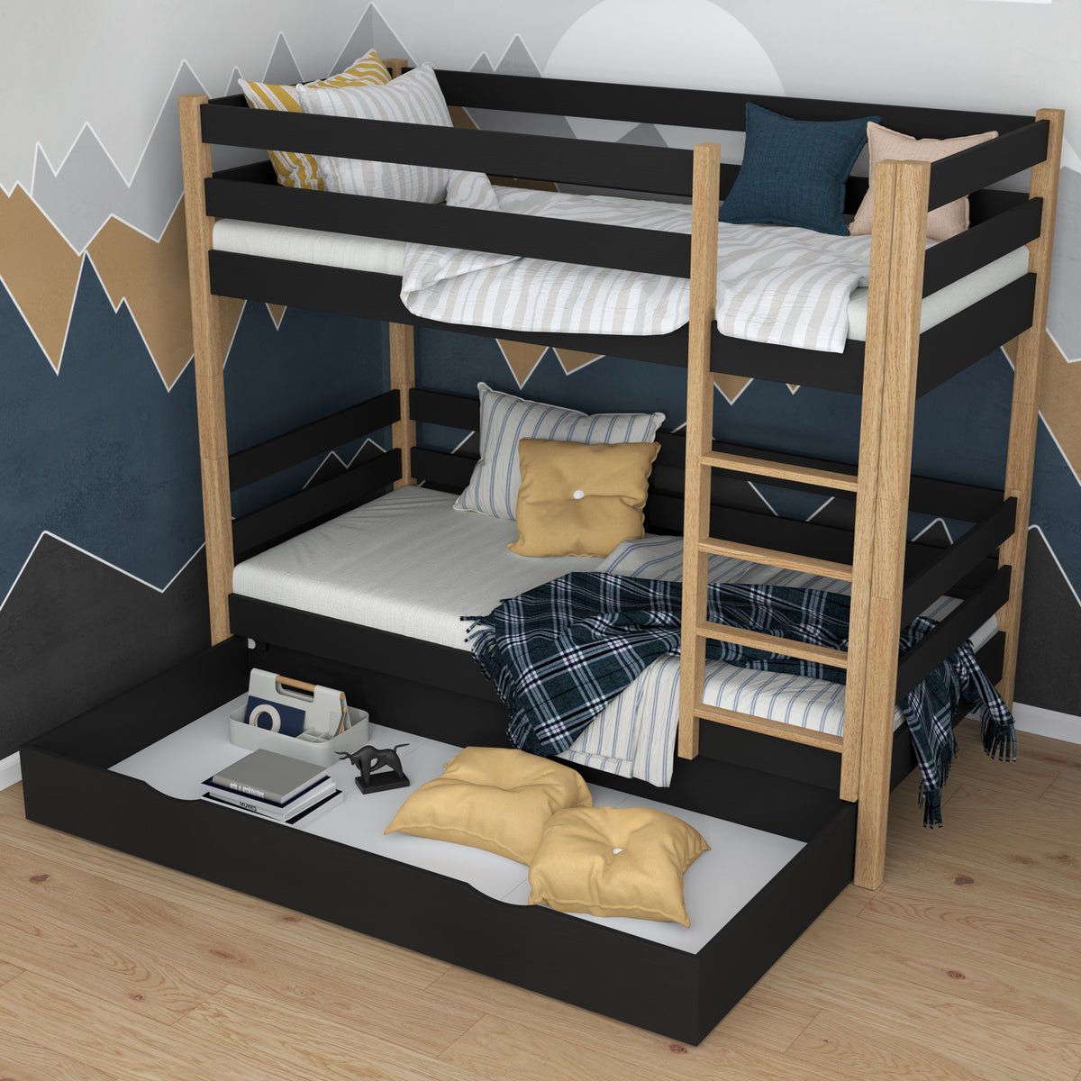 Black and Oak Bunk Bed for Children – Two Sleeping Areas and Drawer, Wooden