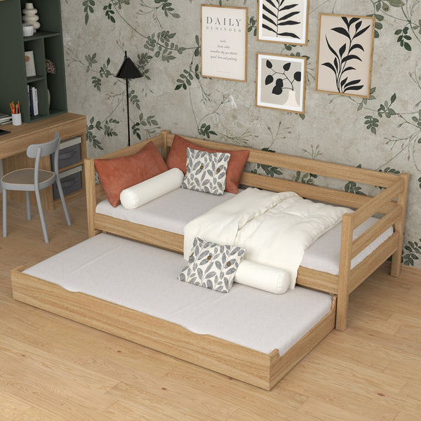Łóżko sofa z szufladą na materac dębowe dąb naturalny – pokój dziecięcy, scandi