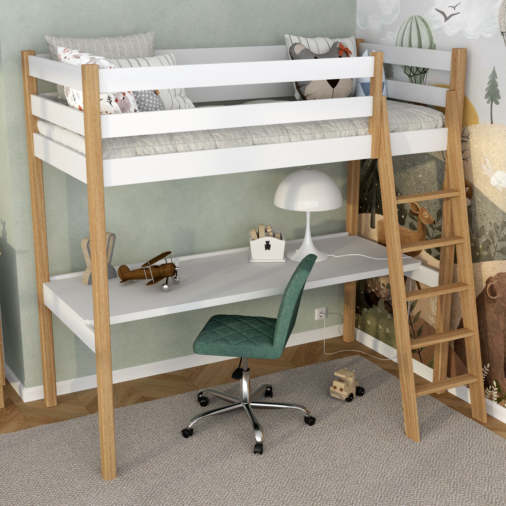 Loft bed white/oak – wooden desk under the sleeping area, scandi children’s room