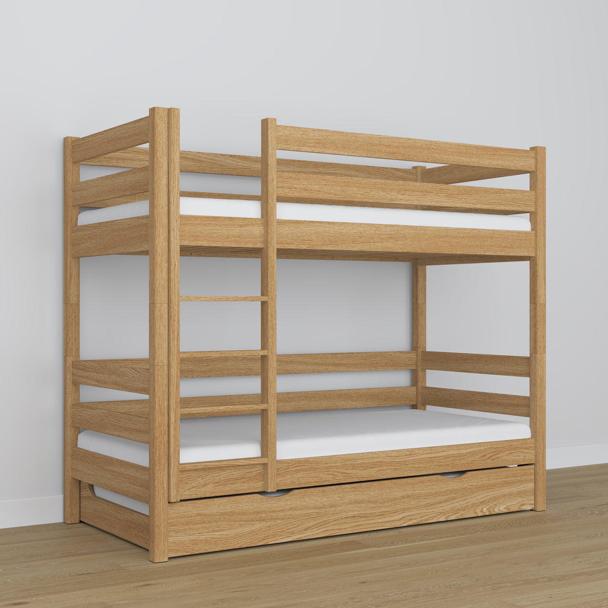 Lit superposé avec tiroir pour matelas chêne naturel en chêne – bois massif, style scandinave