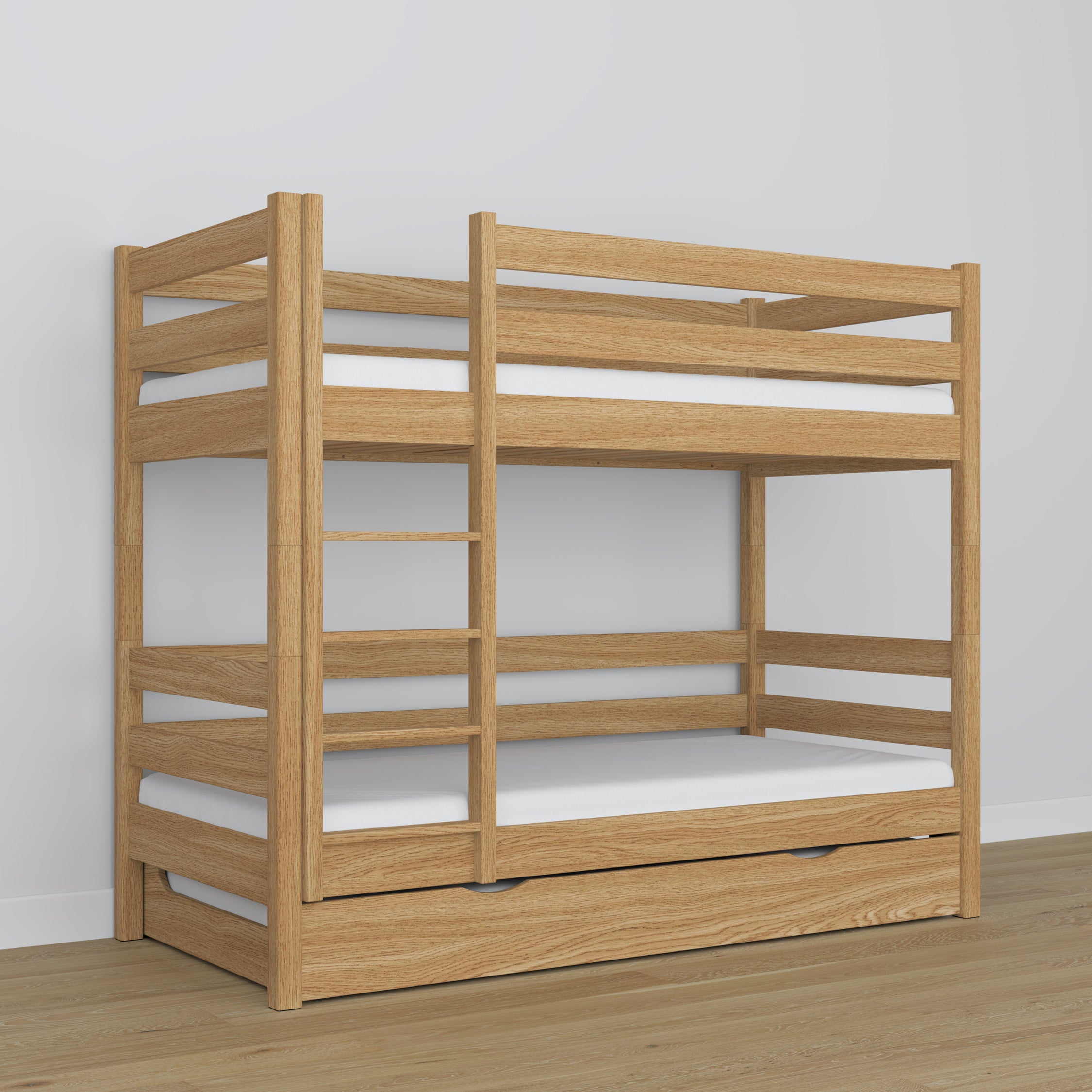 Lit superposé avec tiroir pour matelas chêne naturel en chêne – bois massif, style scandinave