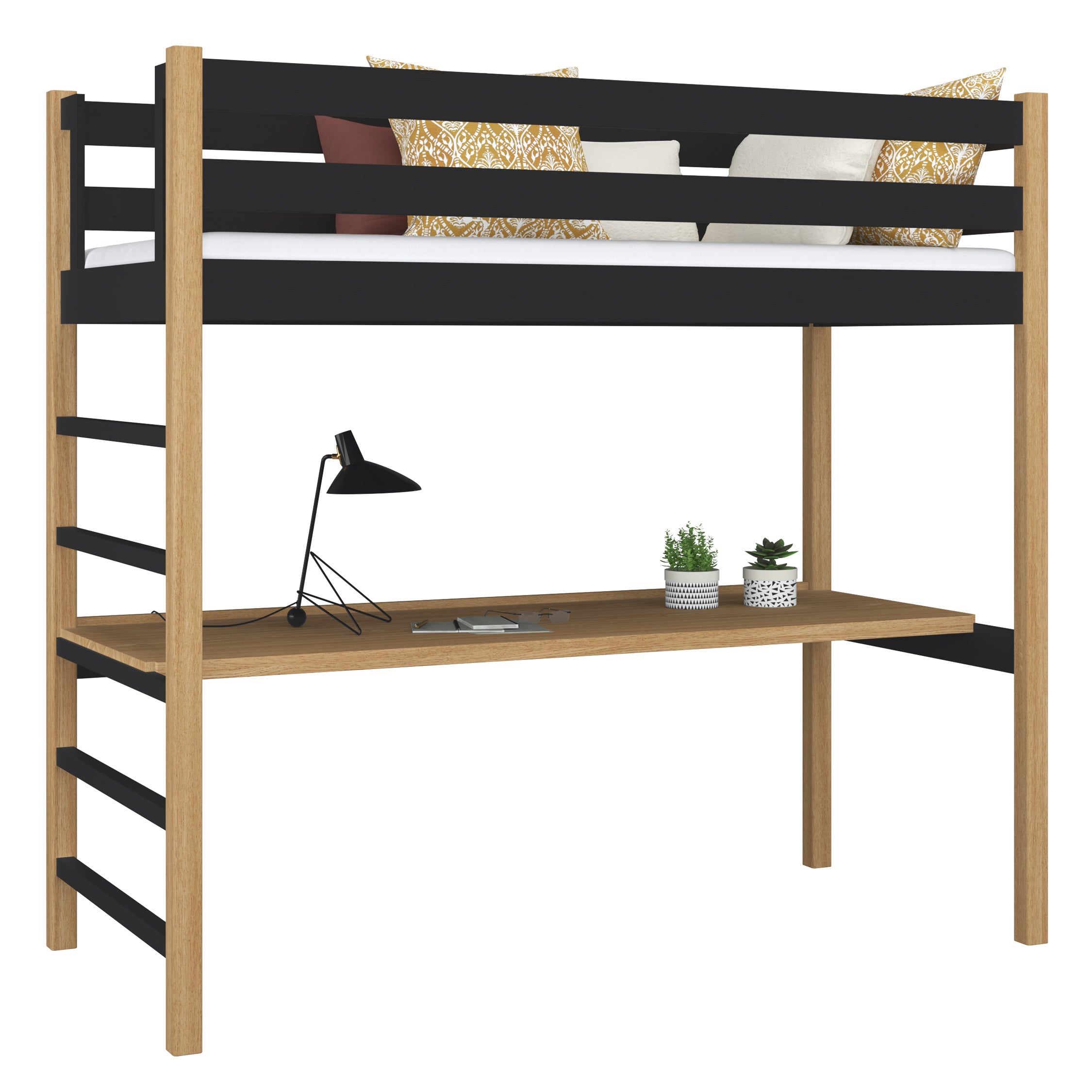 Hochbett mit Schreibtisch aus Holz schwarz-eiche – Kinderzimmer, scandi Nizio