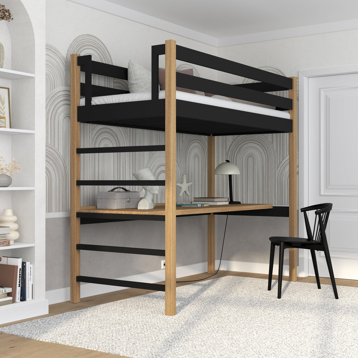 Hochbett mit Schreibtisch aus Holz schwarz-eiche – Leiter und Schutzgeländer