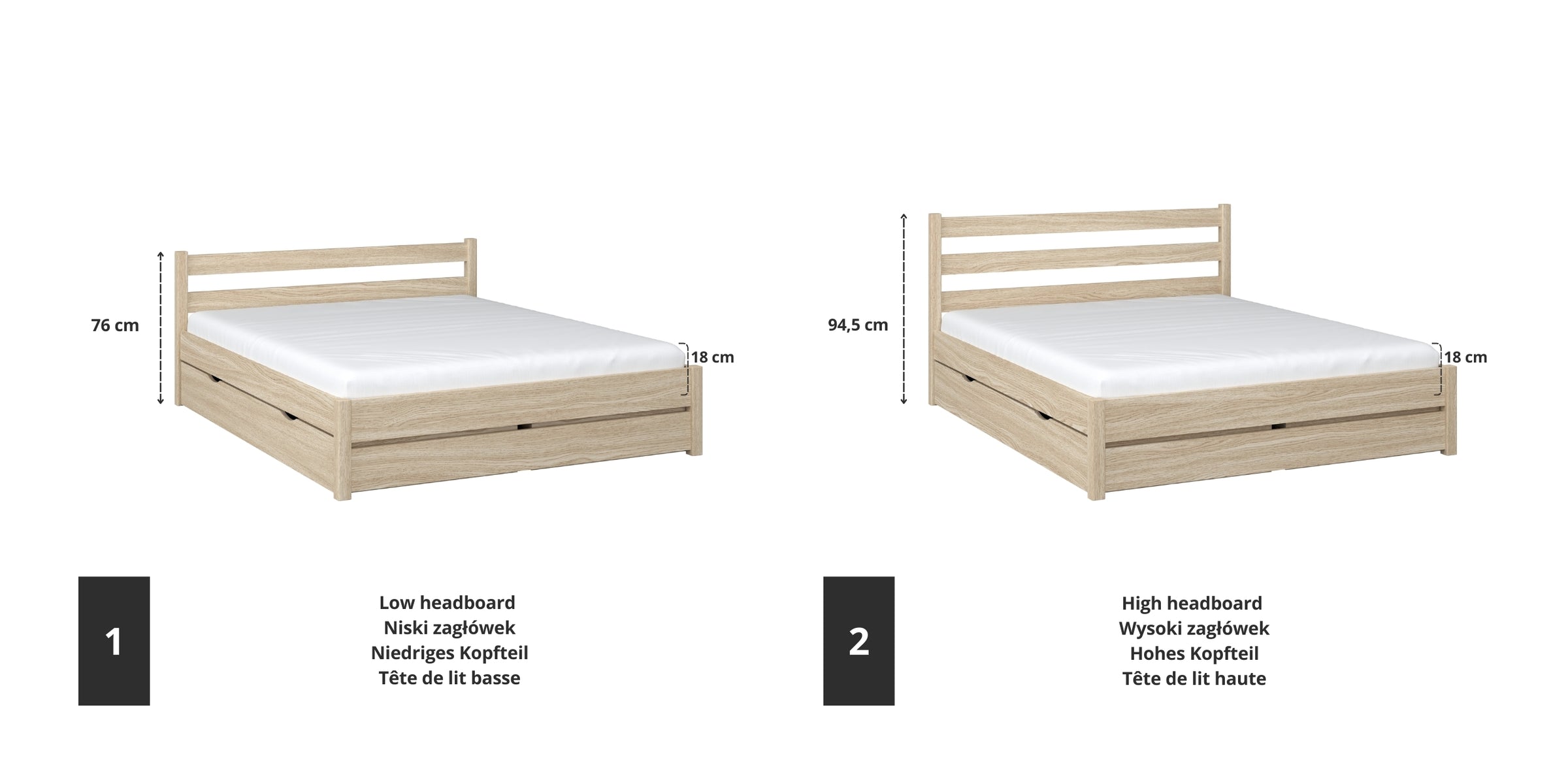 Doppelbett Eiche gebleicht – Verbindungs- und Schubladendetails, Nizio