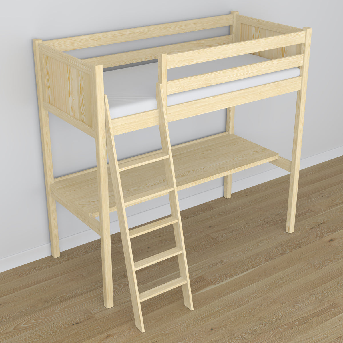 Loft bed clear pine wooden – top view of the sleeping area, Nizio