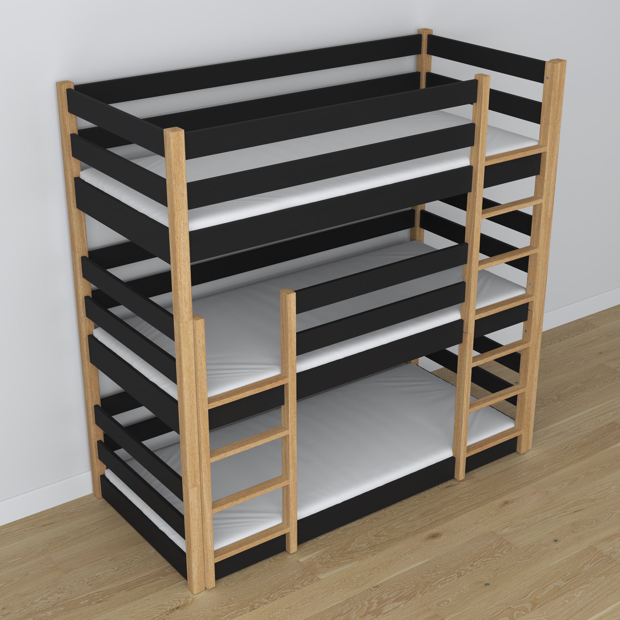 Lit superposé 3 niveaux noir avec chêne dans la chambre d'enfant – décoration scandinave, Nizio