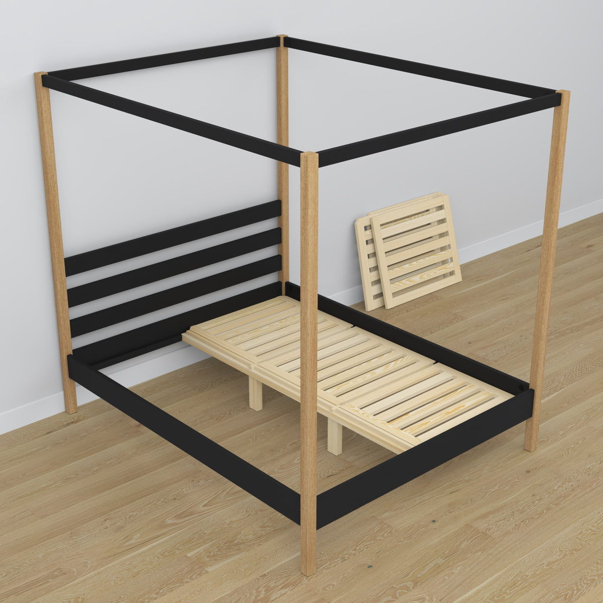 Black-oak canopy bed made of wood – side view, scandi style