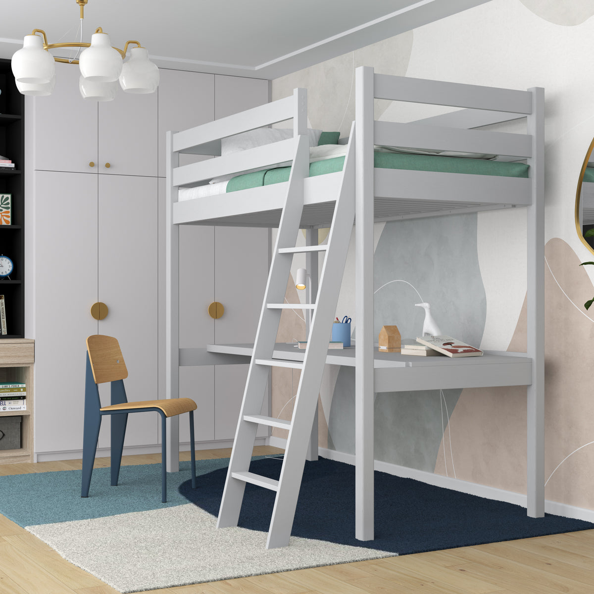 Hochbett mit Schreibtisch aus Holz grau – Leiter und Schutzgeländer