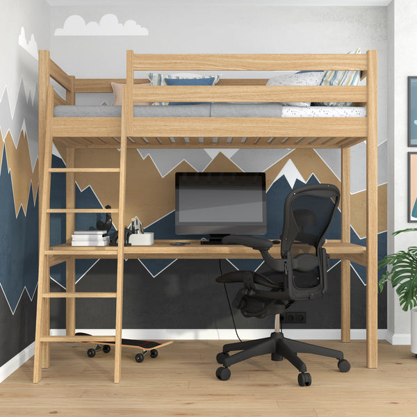 Loft bed natural oak with desk – study space under the sleeping area, oak