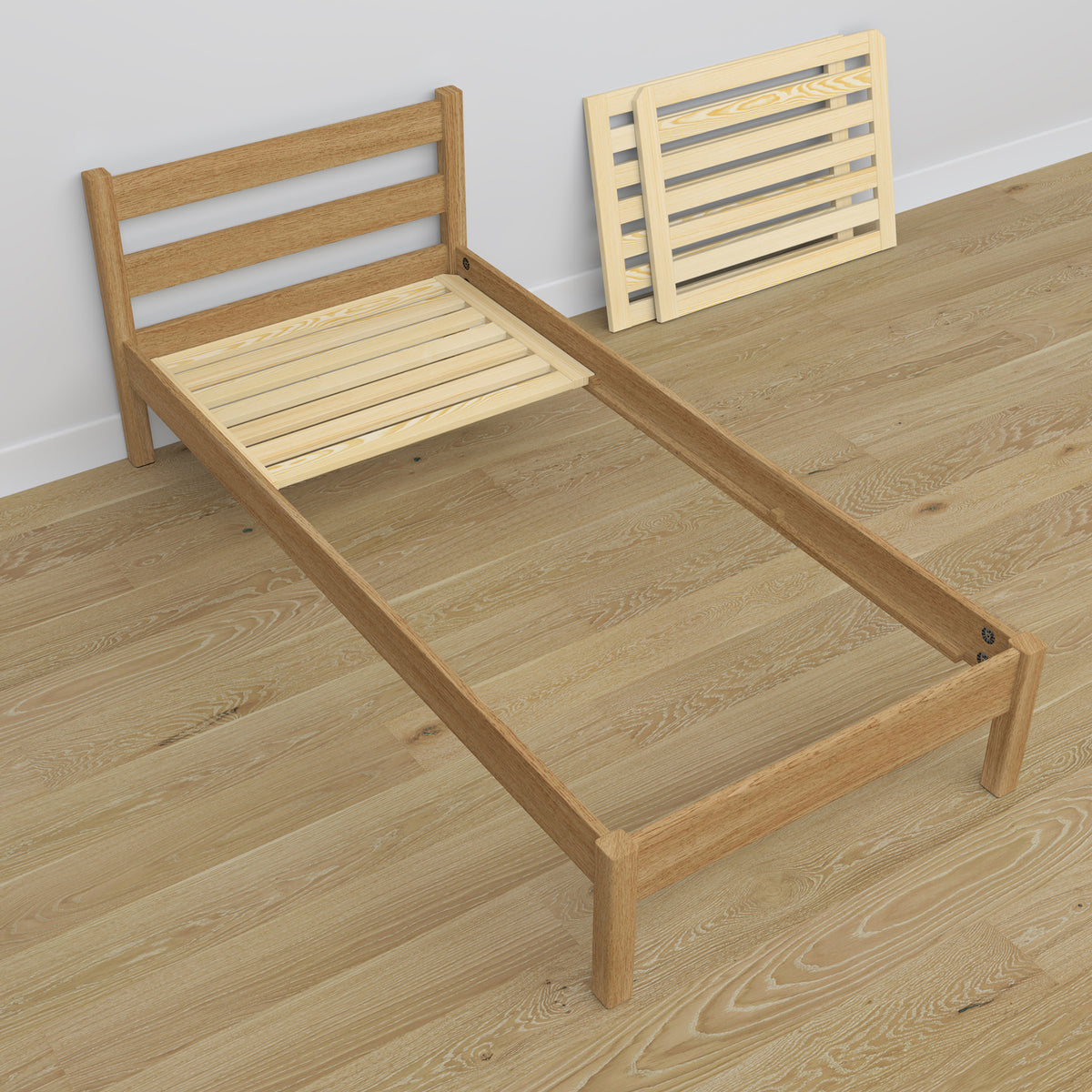 Bed with mattress drawer natural oak made of oak – dimensions, Nizio
