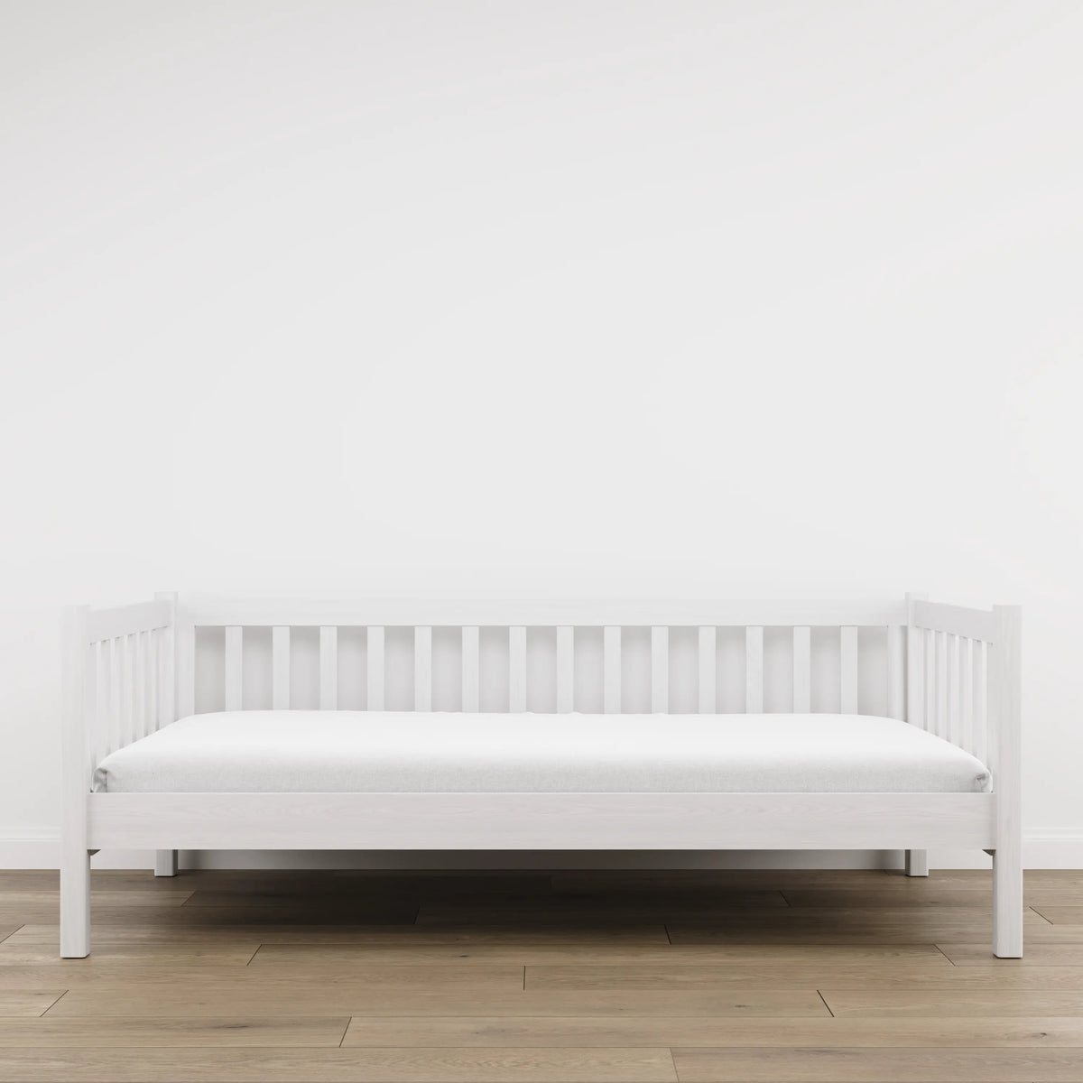 Bettsofa aus Holz Weiß – Seitenansicht, Form und Proportionen des Möbelstücks