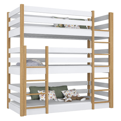 Lit superposé 3 niveaux en bois blanc avec chêne – trois couchages, chambre d'enfant scandinave