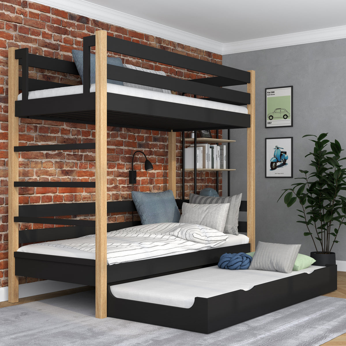 Black and Oak Wooden Bunk Bed – Ladder, Rails, Drawer for Extra Mattress