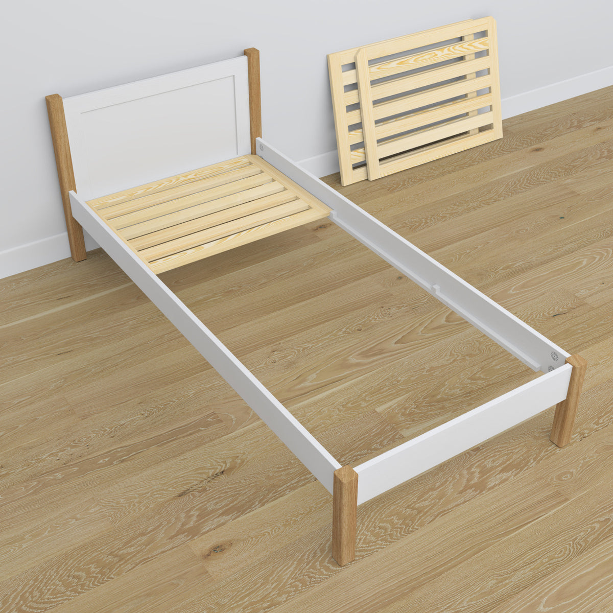 Bett mit Schublade aus Holz Weiß-Eiche – Kopfteil, Nahaufnahme der Holzqualität