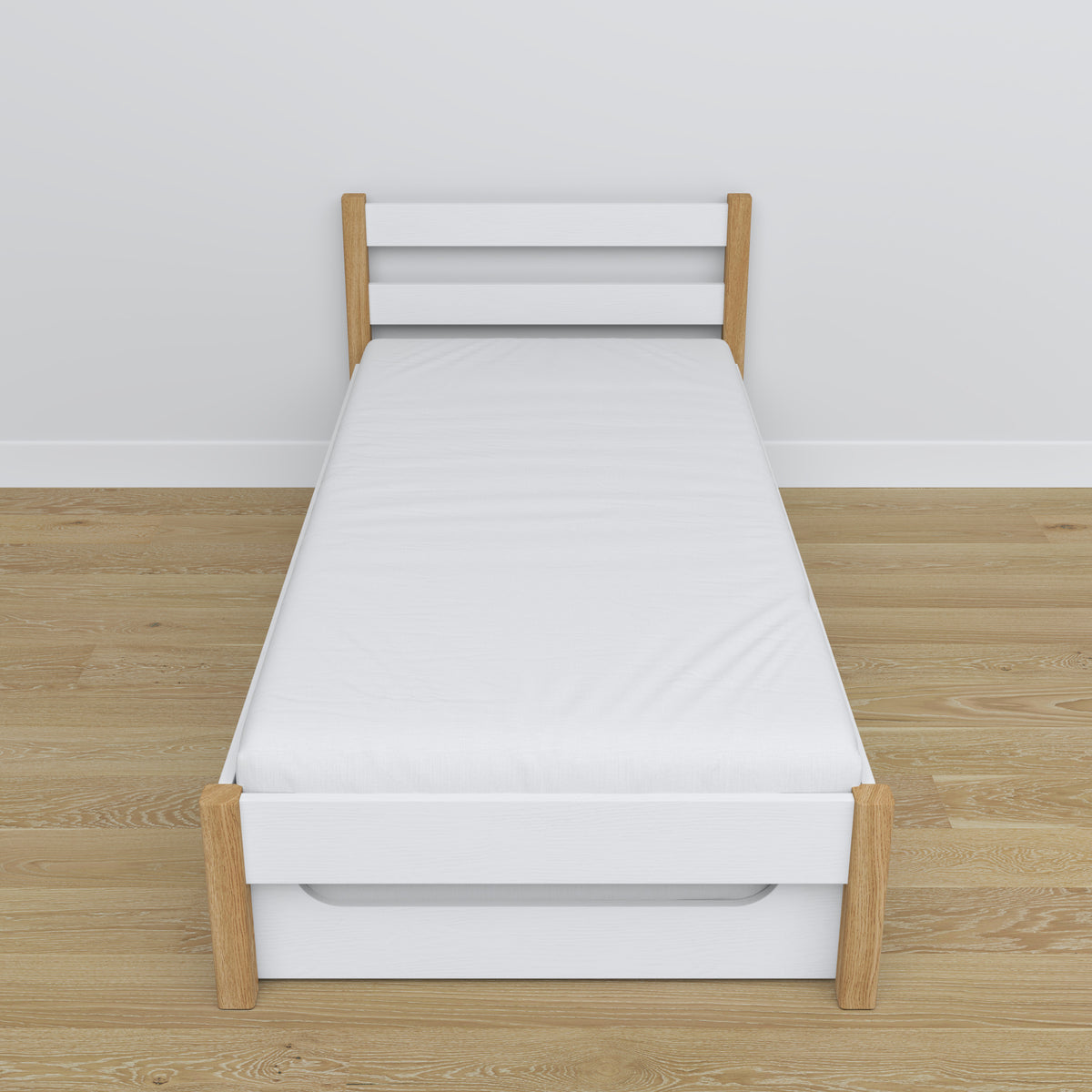 Bett Weiß-Eiche – Schublade für Matratze, Holzdetails, Nizio Home