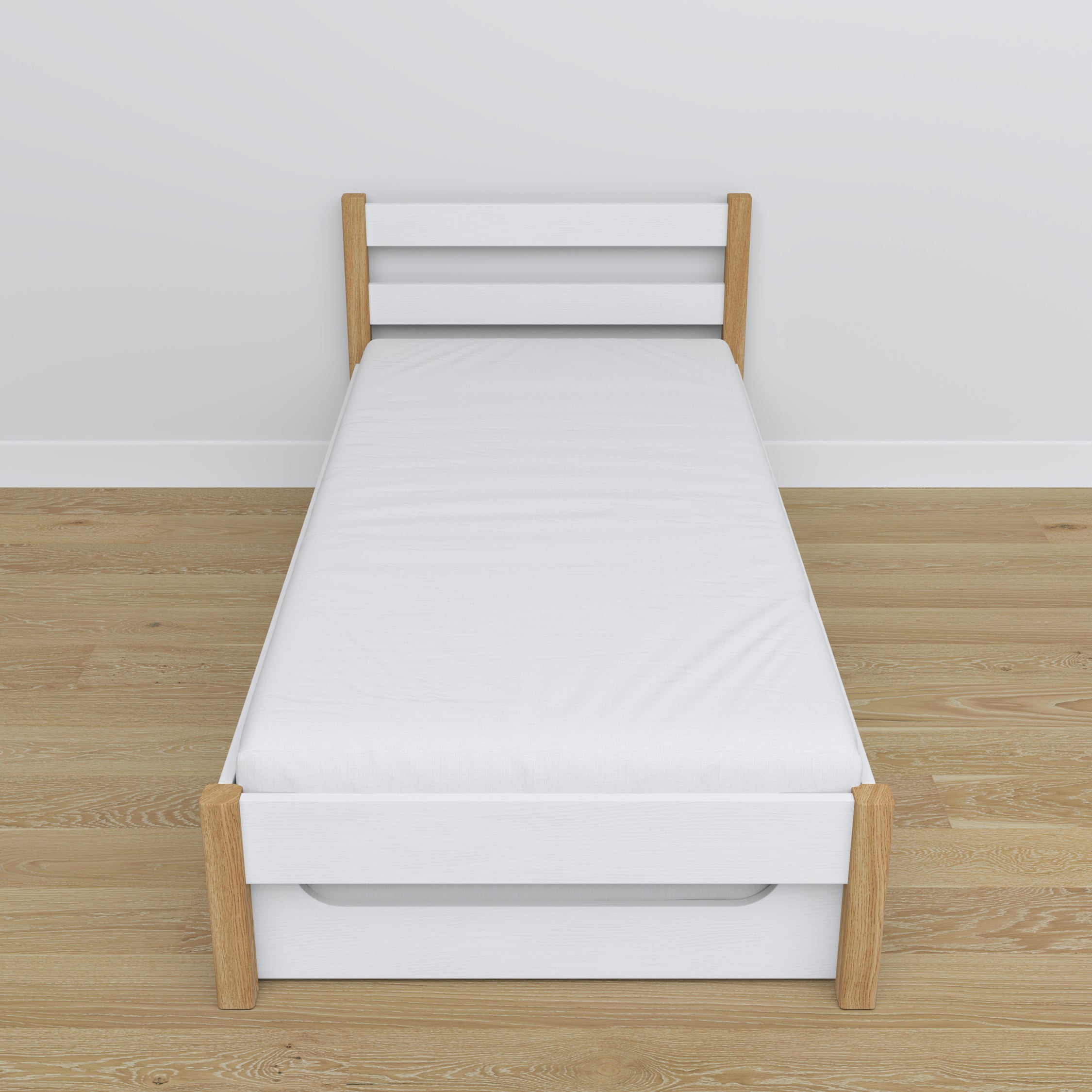 Bett Weiß-Eiche – Schublade für Matratze, Holzdetails, Nizio Home