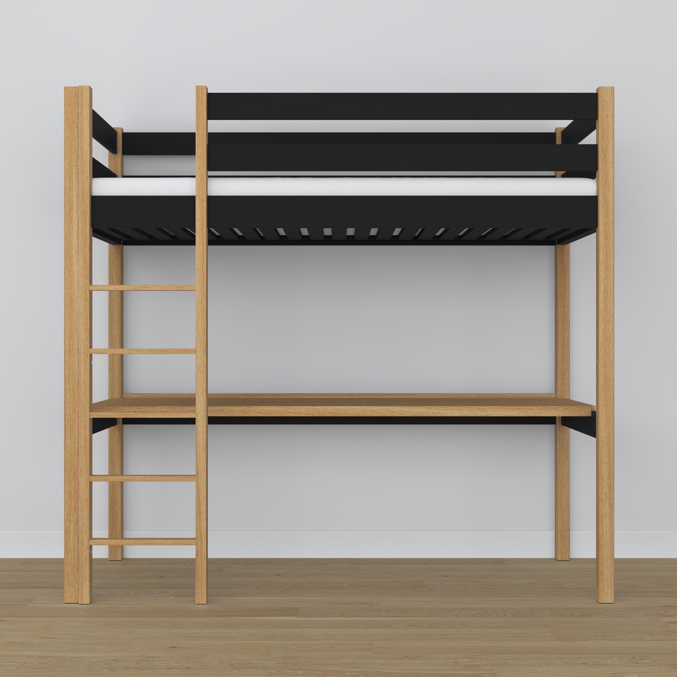 Black and Oak Wooden Loft Bed with Desk – Frame and Slats, Nizio
