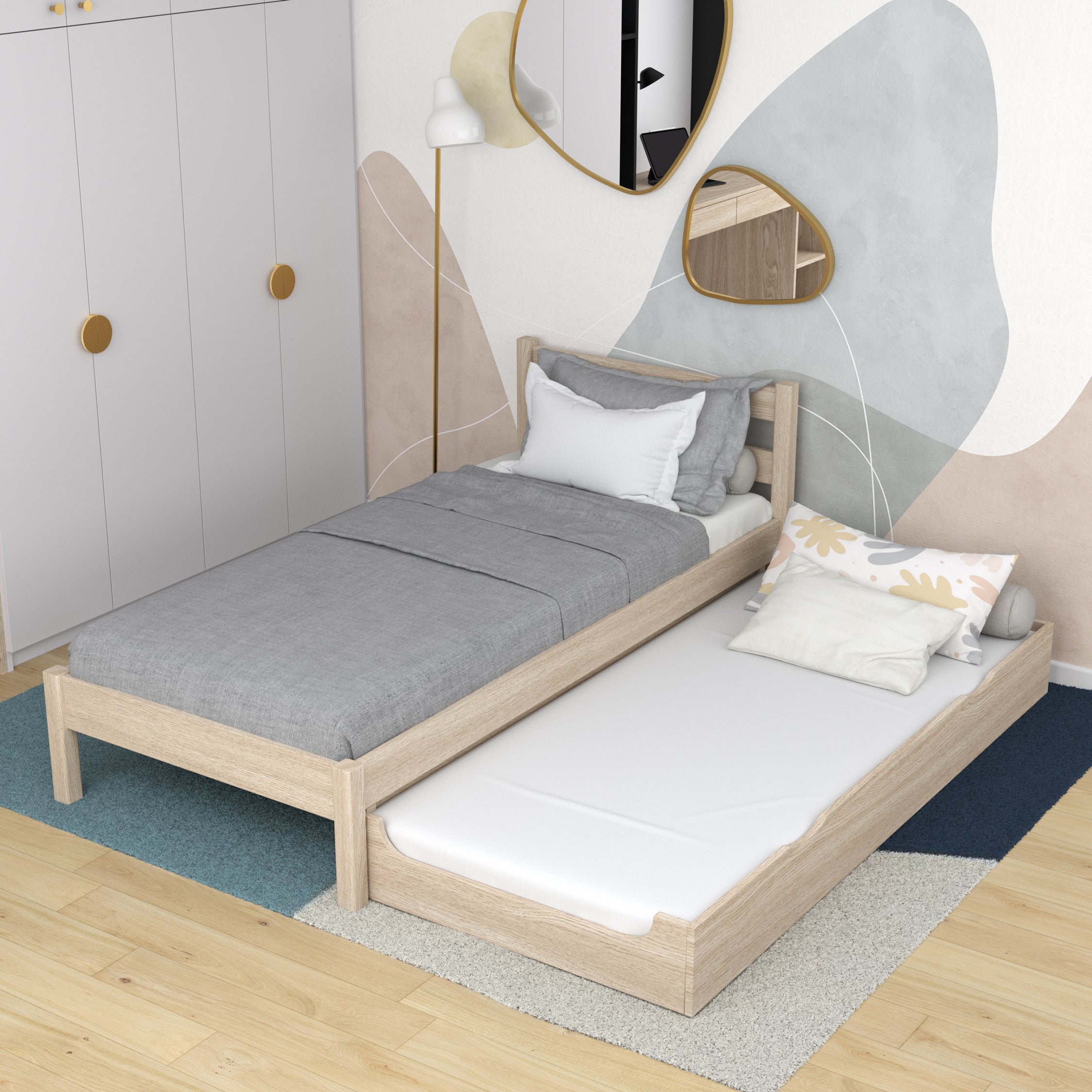 Bett eiche gebleicht mit Schublade für zusätzliche Matratze – aus Eiche, für Kinder Nizio