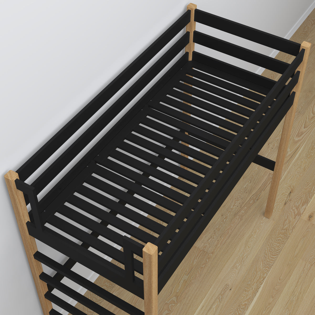 Hochbett mit Schreibtisch aus Holz schwarz-eiche – Details der Verbindungen und Leiter