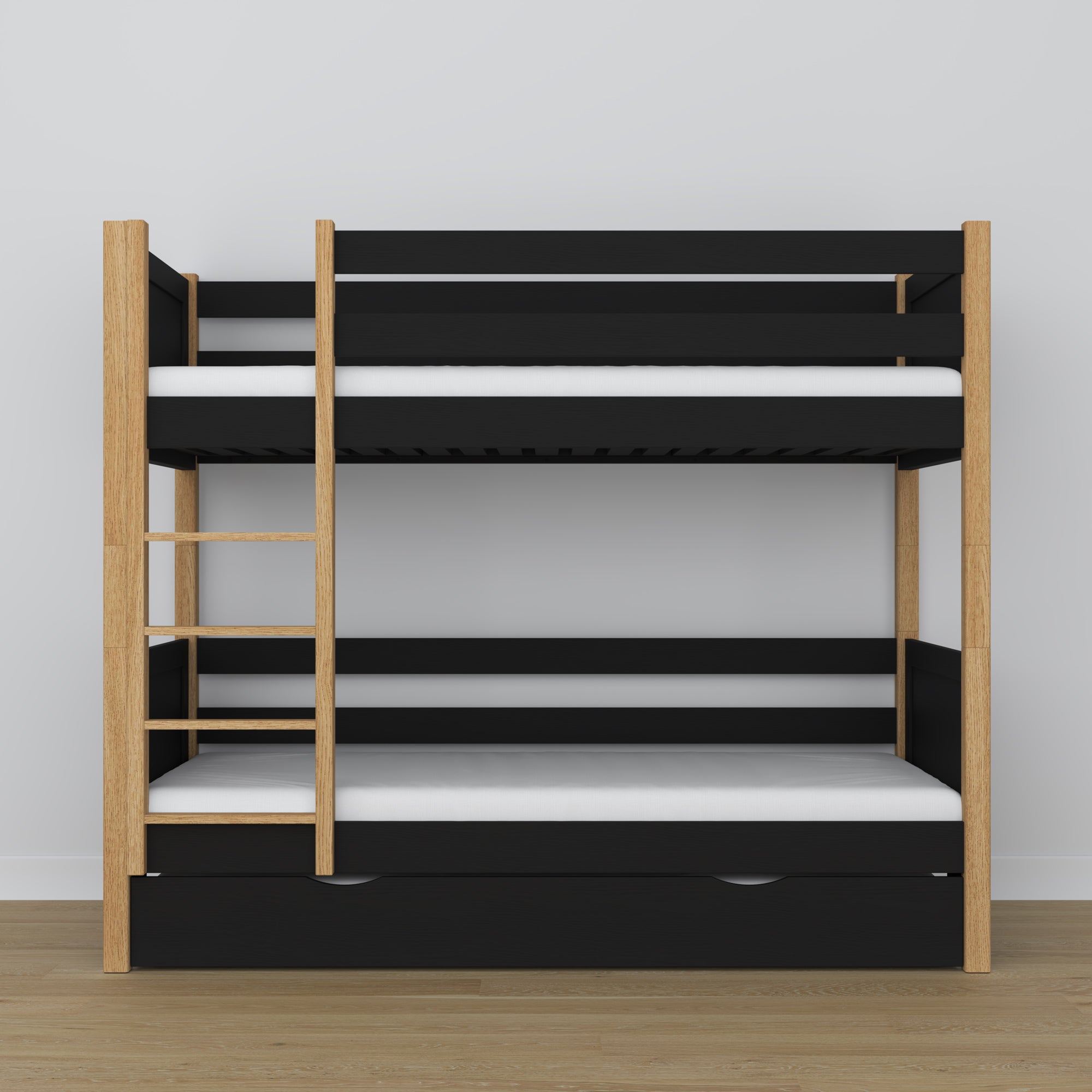 Black and Oak Bunk Bed with Mattress Drawer – Safety Rail, Wooden, Nizio Home
