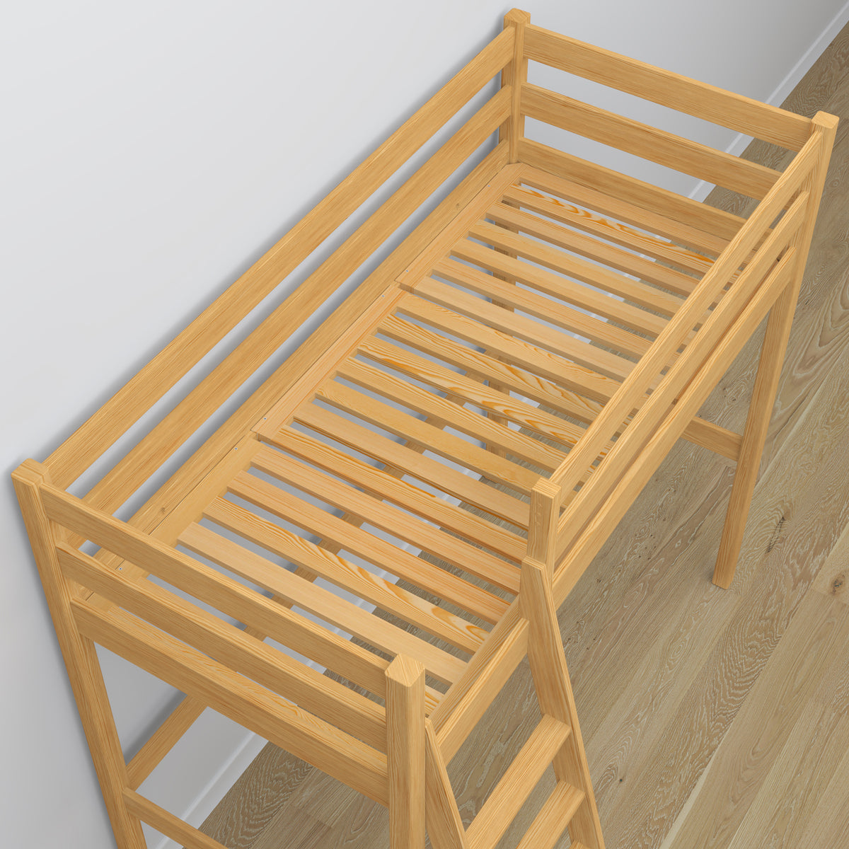 Loft bed natural pine wooden – top view of the sleeping area