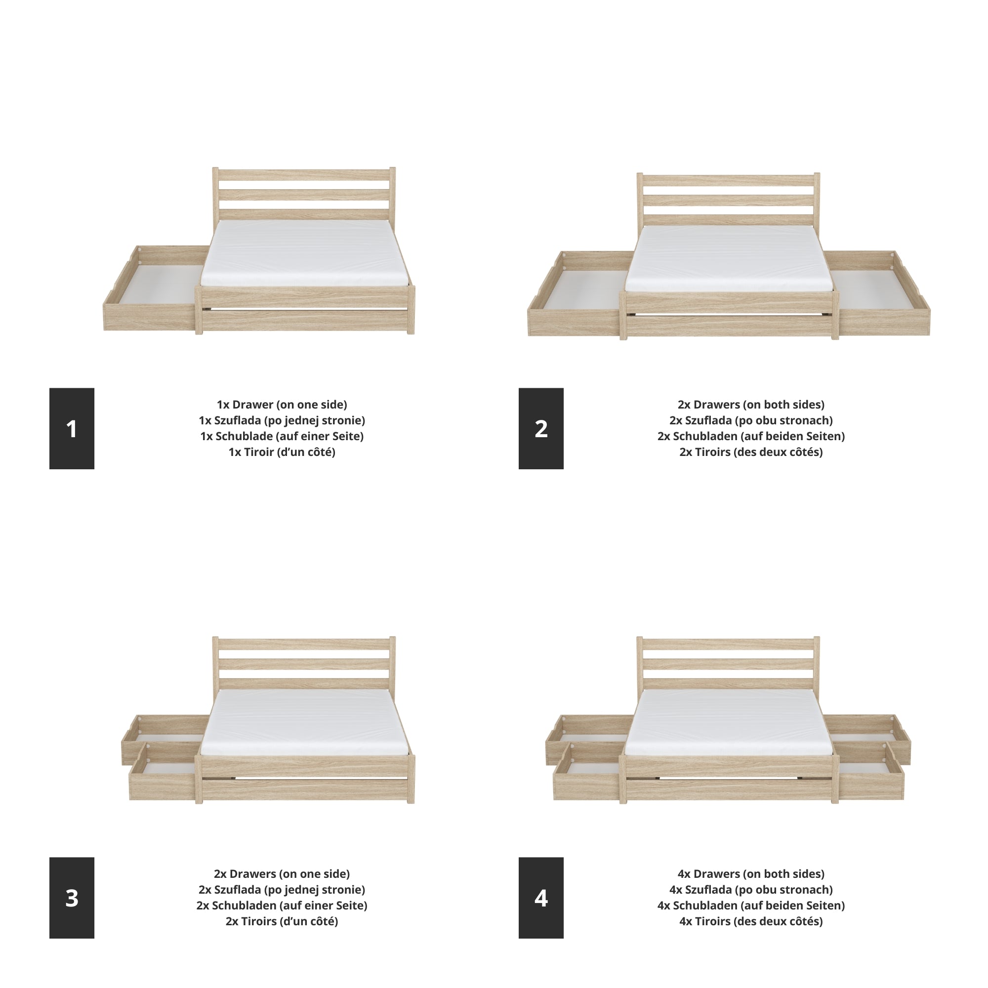 Doppelbett gebleichte Eiche mit Schublade im Schlafzimmer – skandinavische Einrichtung