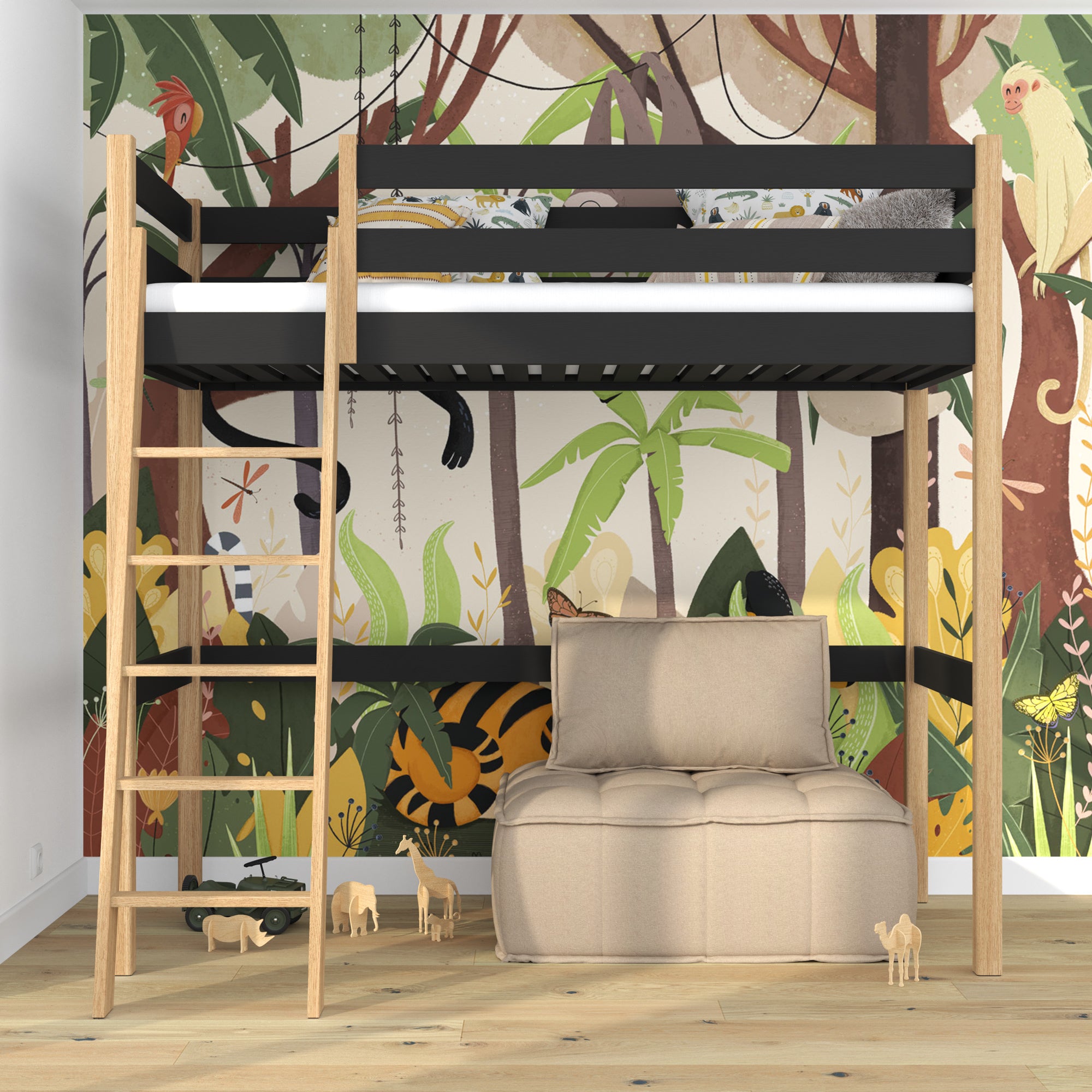 Loft bed black/oak – wooden ladder and safety rail, Nizio Home
