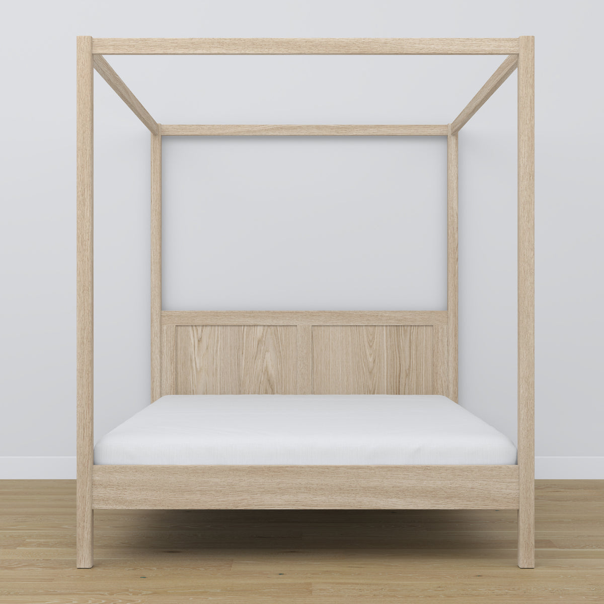 Oak double bed with canopy bleached oak – headboard and frame, close-up