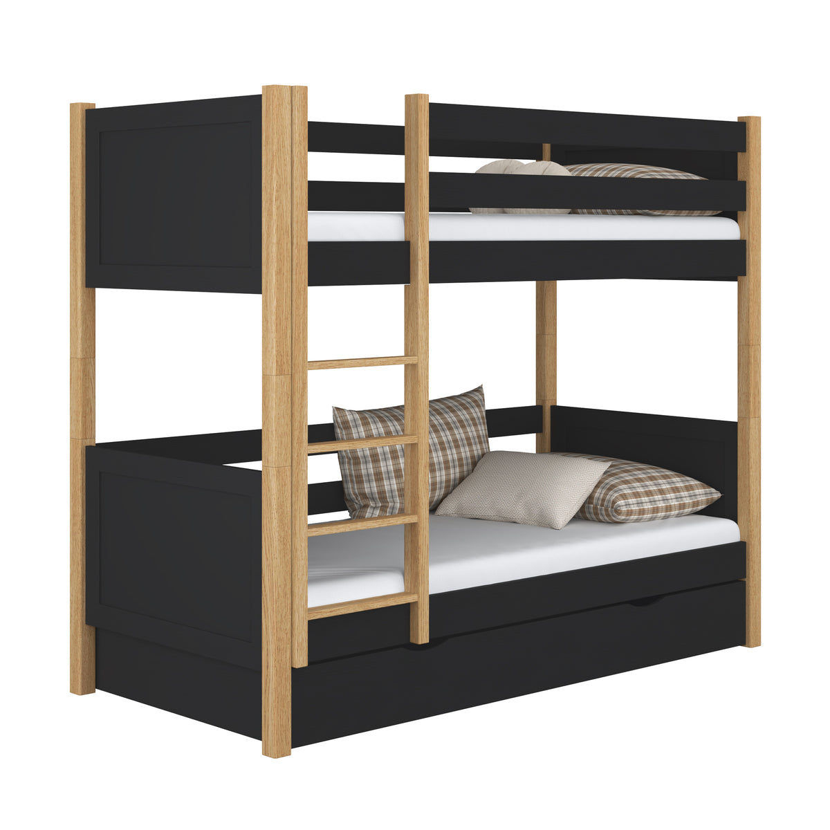 Holz-Etagenbett schwarz-eiche – Schublade geöffnet, geräumiges Staufach unter dem Bett