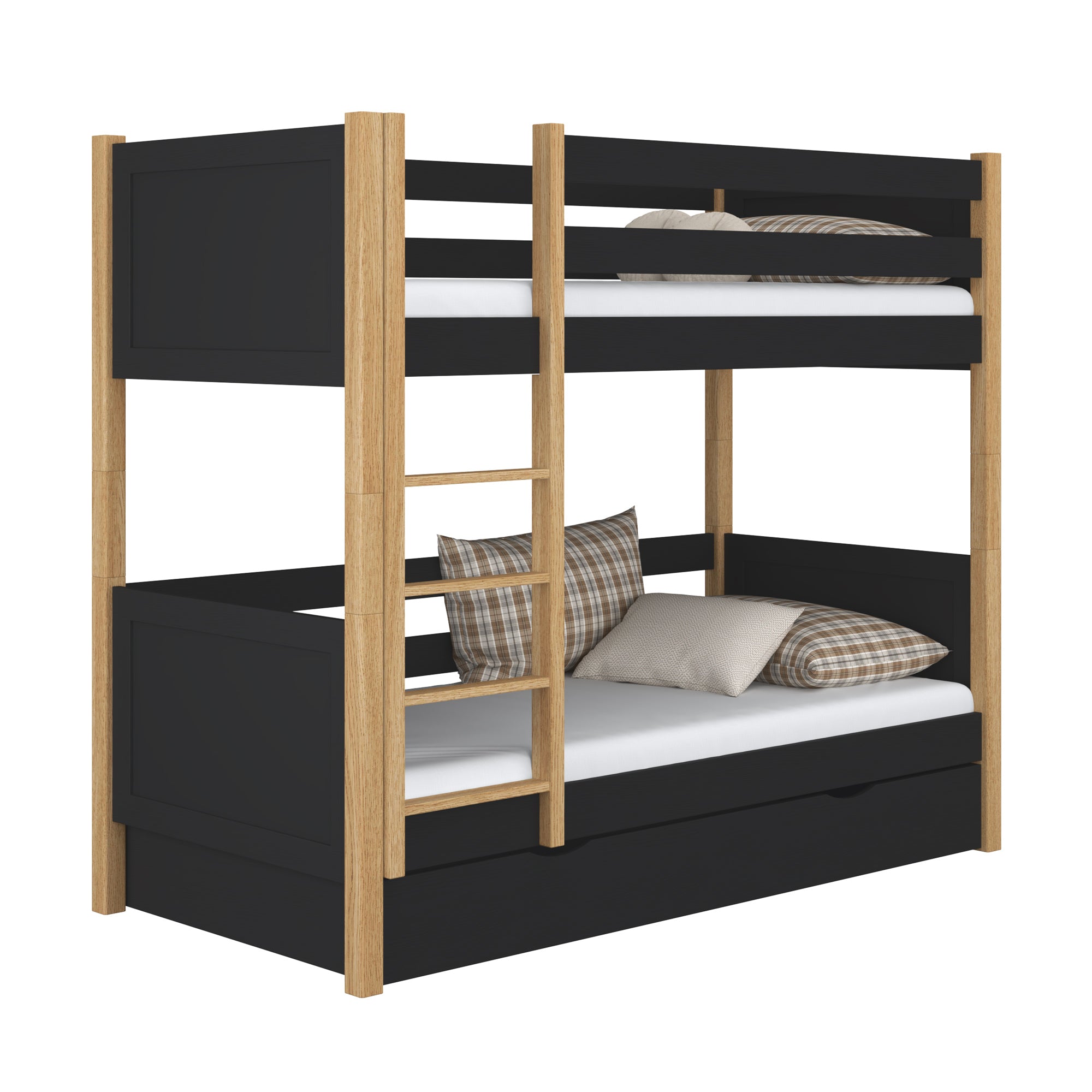 Holz-Etagenbett schwarz-eiche – Schublade geöffnet, geräumiges Staufach unter dem Bett