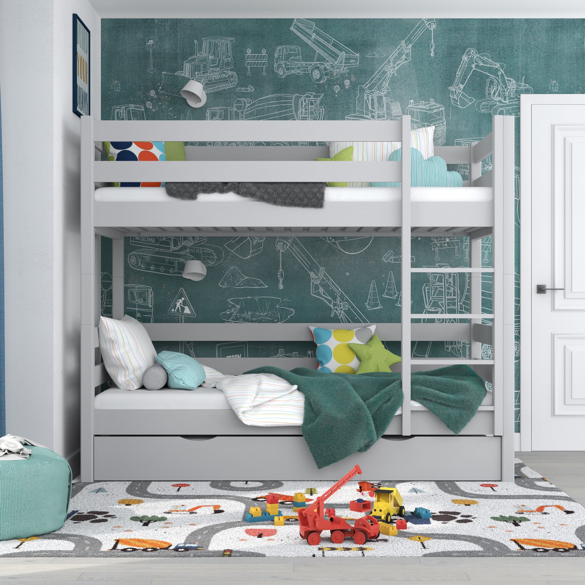 Lit superposé gris z tiroir na matelas – barrière, en bois, Nizio Home