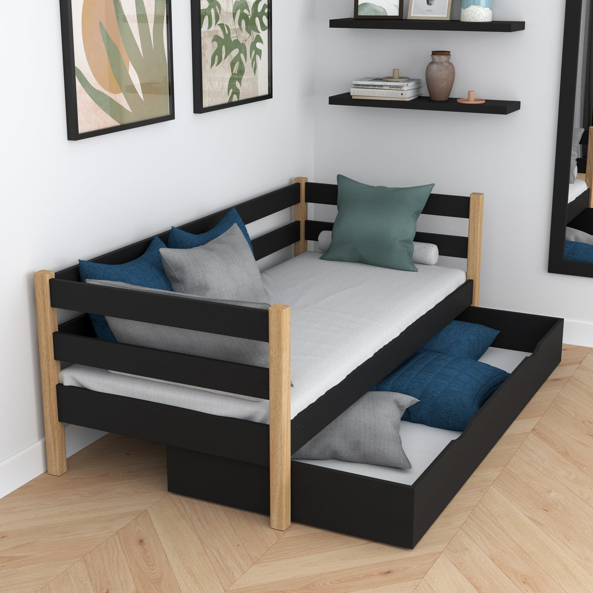 Sofa-Bett schwarz-Eiche mit Schublade – geräumiges Staufach, Holz, Nizio