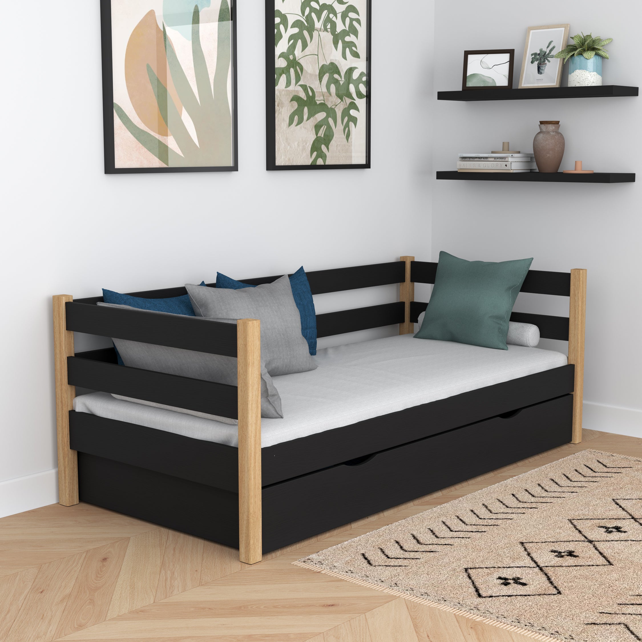 Sofa-Bett schwarz-Eiche – seitliche Schutzbarriere Holz, Seitenansicht, Nizio