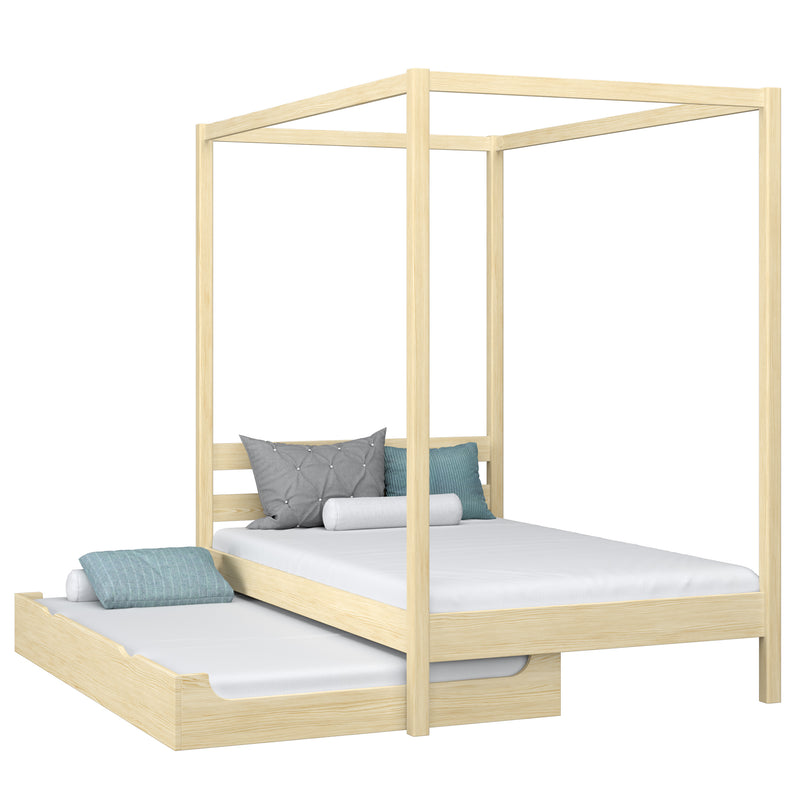 Wooden canopy bed with mattress drawer clear pine – scandi child’s room