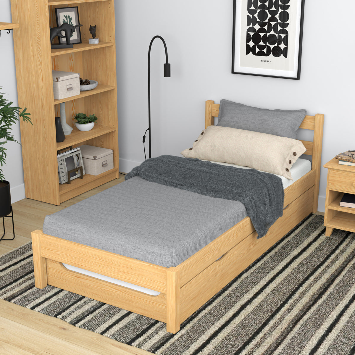 Lit pin naturel z tiroir na dodatkowy matelas – en bois, pour enfants Nizio