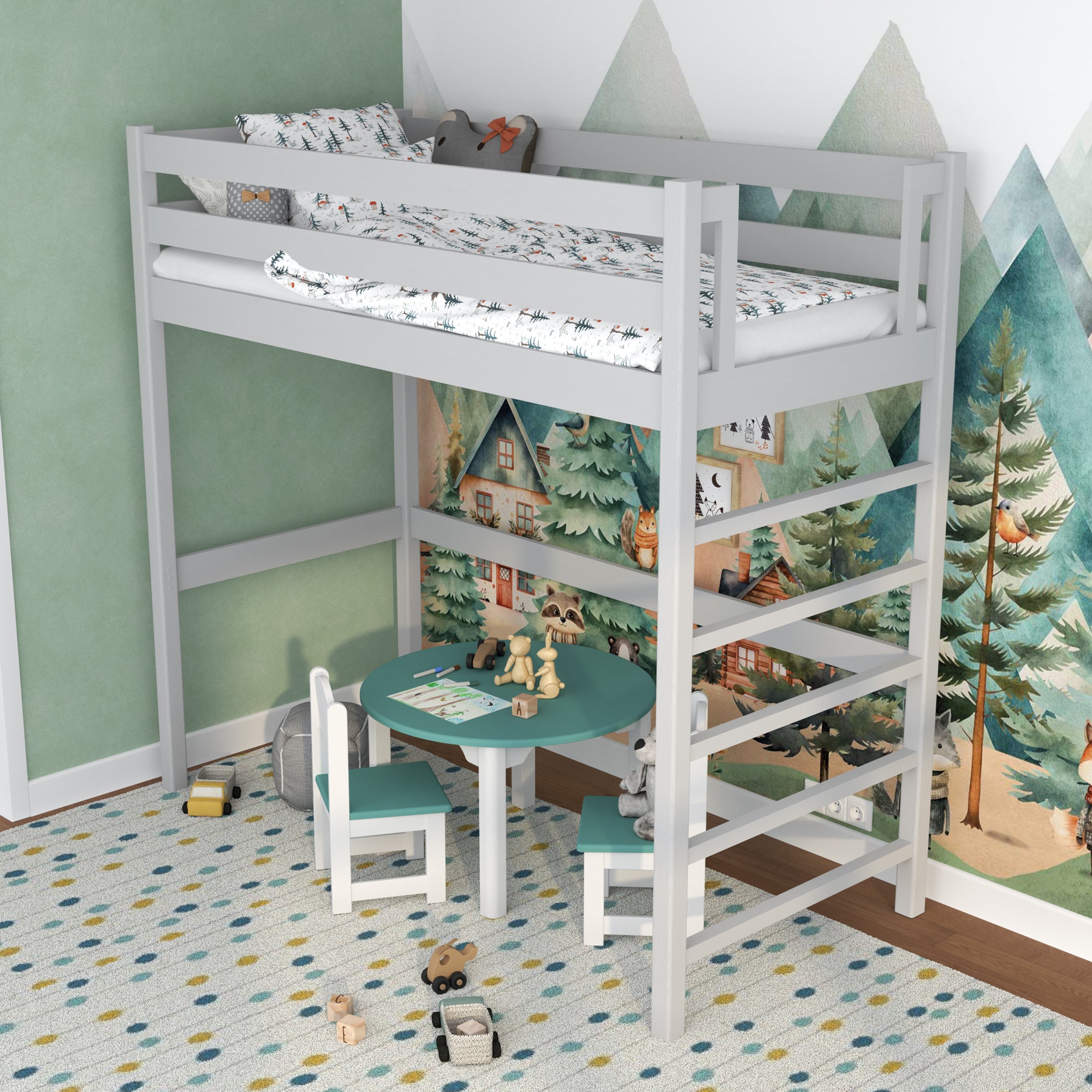 Hochbett aus Holz grau – freier Raum unter dem Schlafbereich, Nizio